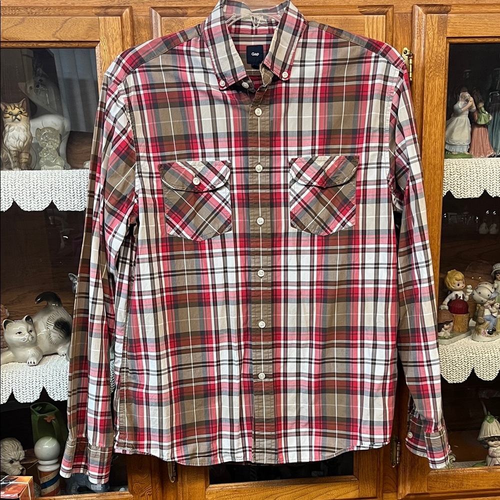 GAP Men's Casual Plaid Shirt - Red, Brown, White